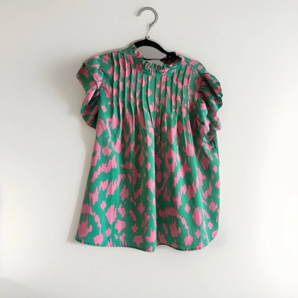 THML Green and Pink Ruffle Sleeve Blouse